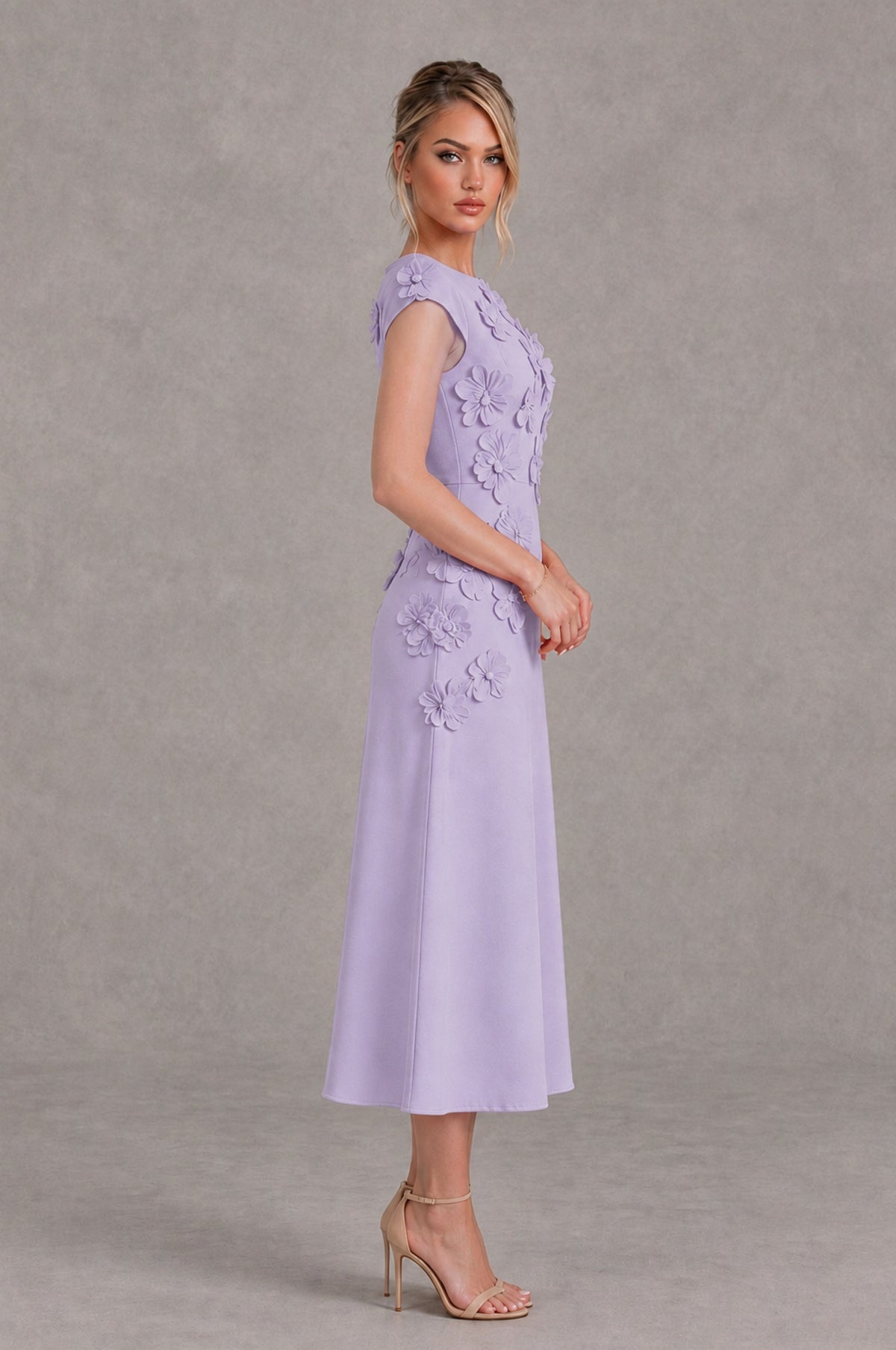 BOLODOO Lilac 3D Floral Cap Sleeve Midi Cocktail Dress - Lilac - Lilac_3