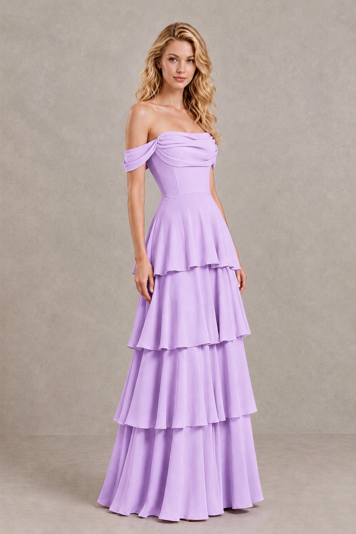 BOLODOO Lilac Off-the-Shoulder Tiered A-Line Evening Bridesmaid Dress - Lilac - Lilac_3