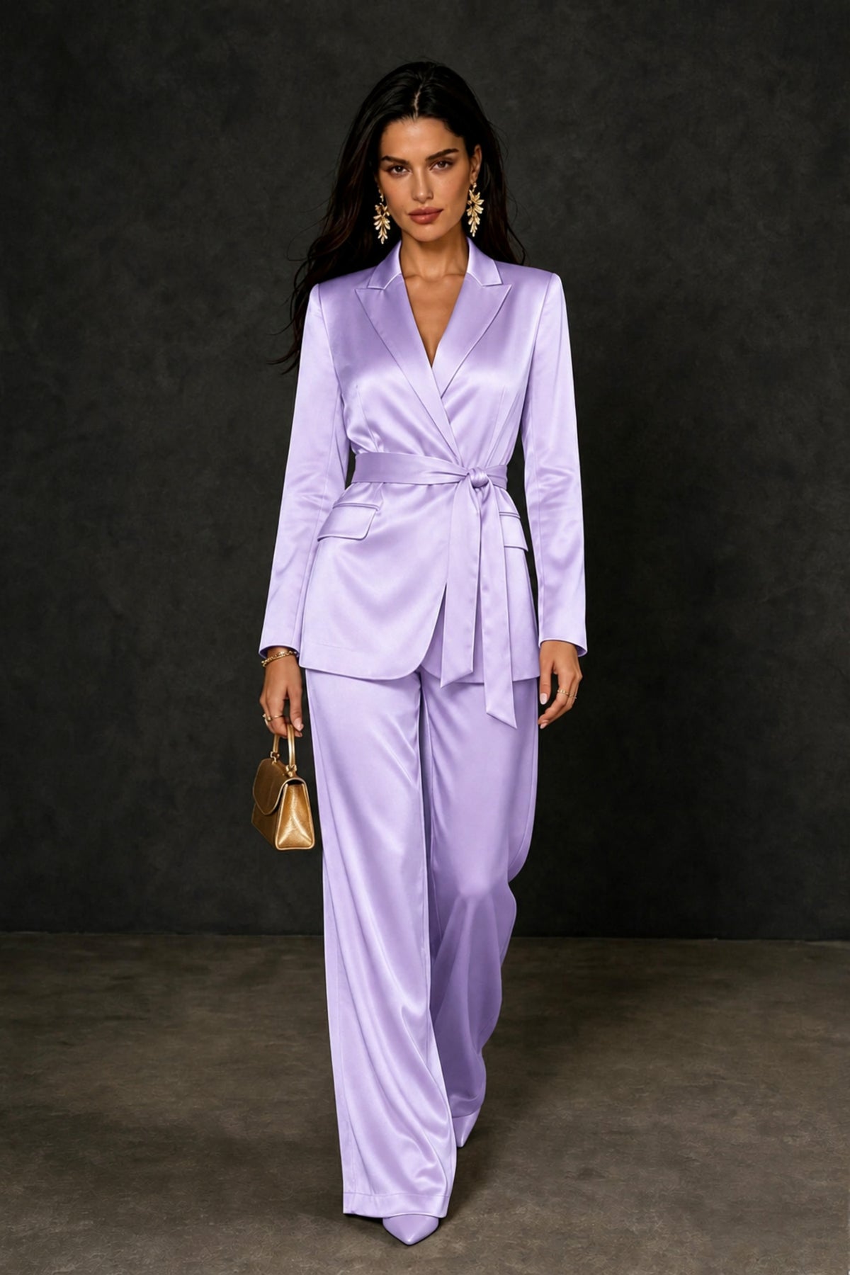 BOLODOO Lilac Satin Wrap Blazer Wide-Leg Pants Two-Piece Suit Set – Evening Gala Wedding Guest - Lilac