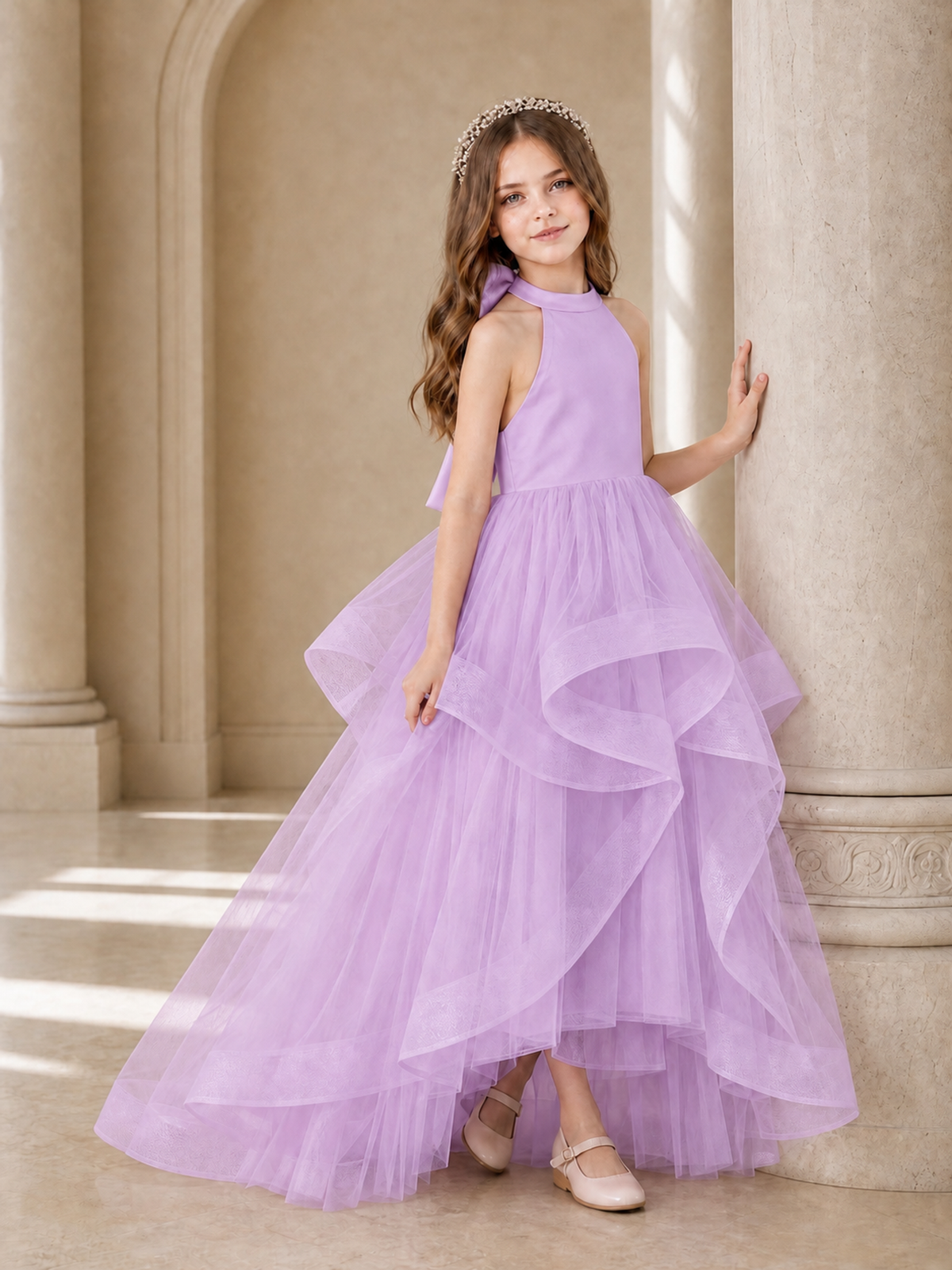 BOLODOO Lilac Halter Tiered Tulle Flower Girl Dress with Bow Back - Lilac - Lilac_3