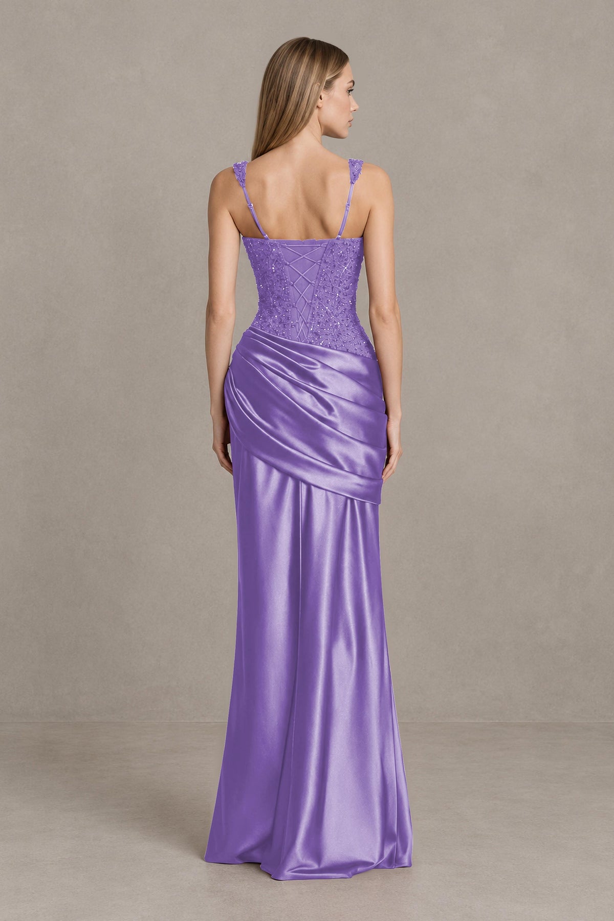 BOLODOO Lilac Square Neck Embellished Satin Evening Gown - Lilac