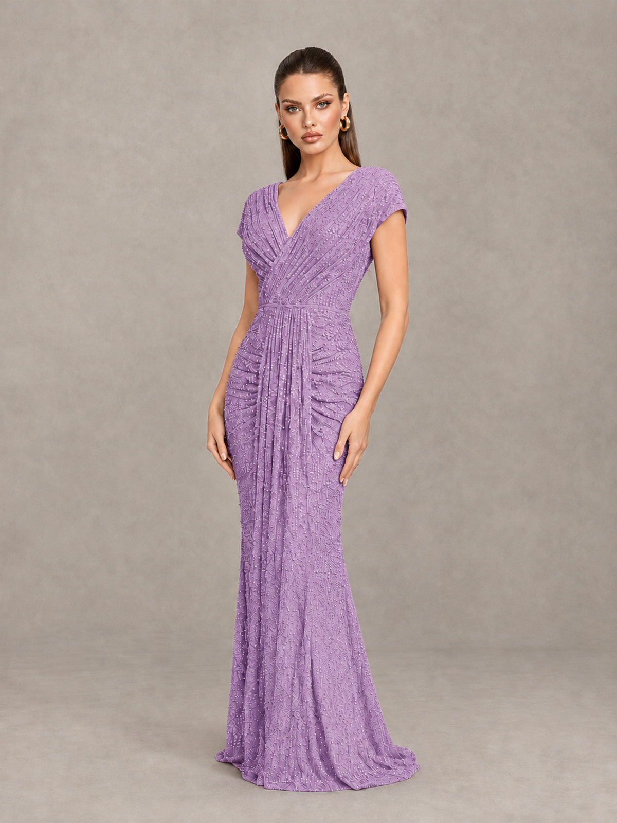 BOLODOO Lilac Glitter V-Neck Cap Sleeve Ruched Mermaid Evening Gown - Lilac - Lilac_3