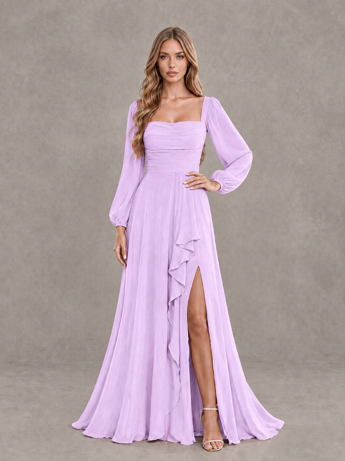 BOLODOO Lilac Square Neck Long Sleeve Bridesmaid Dress with Ruffle Slit - Lilac - Lilac_3