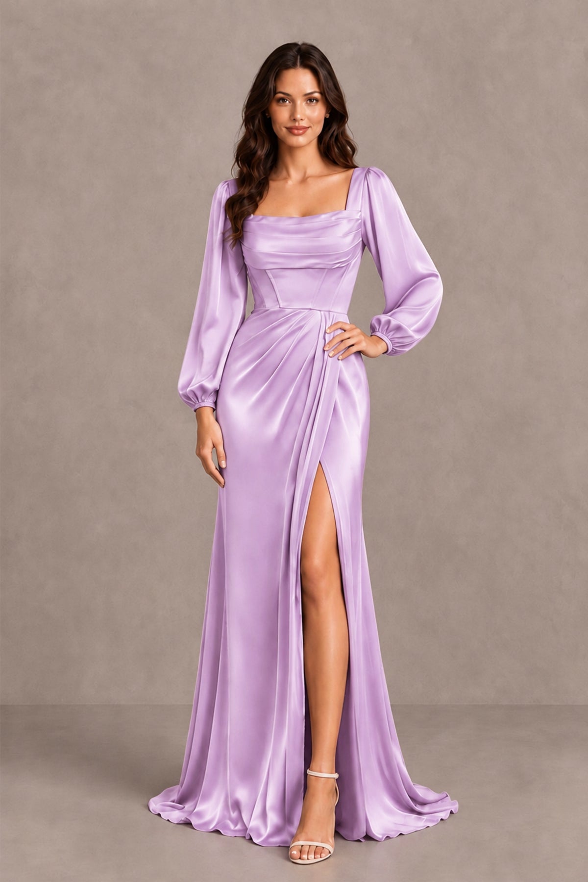 BOLODOO Lilac Satin-Look Long Sleeve Evening Dress with High Slit - Lilac - Lilac_3