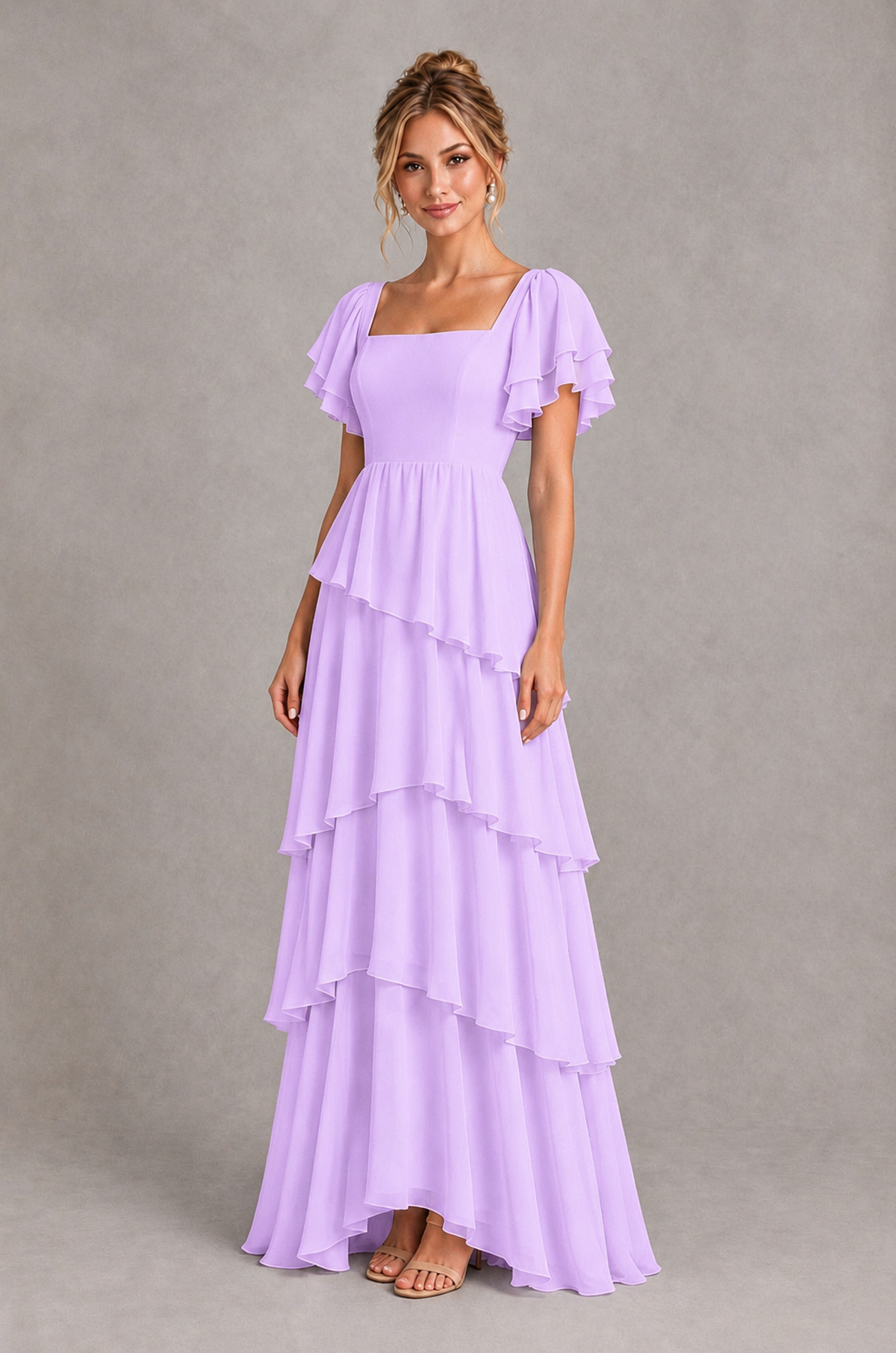 BOLODOO Lilac Square Neck Flutter Sleeve Tiered Chiffon Bridesmaid Dress with Lace-Up Back - Lilac - Lilac_3