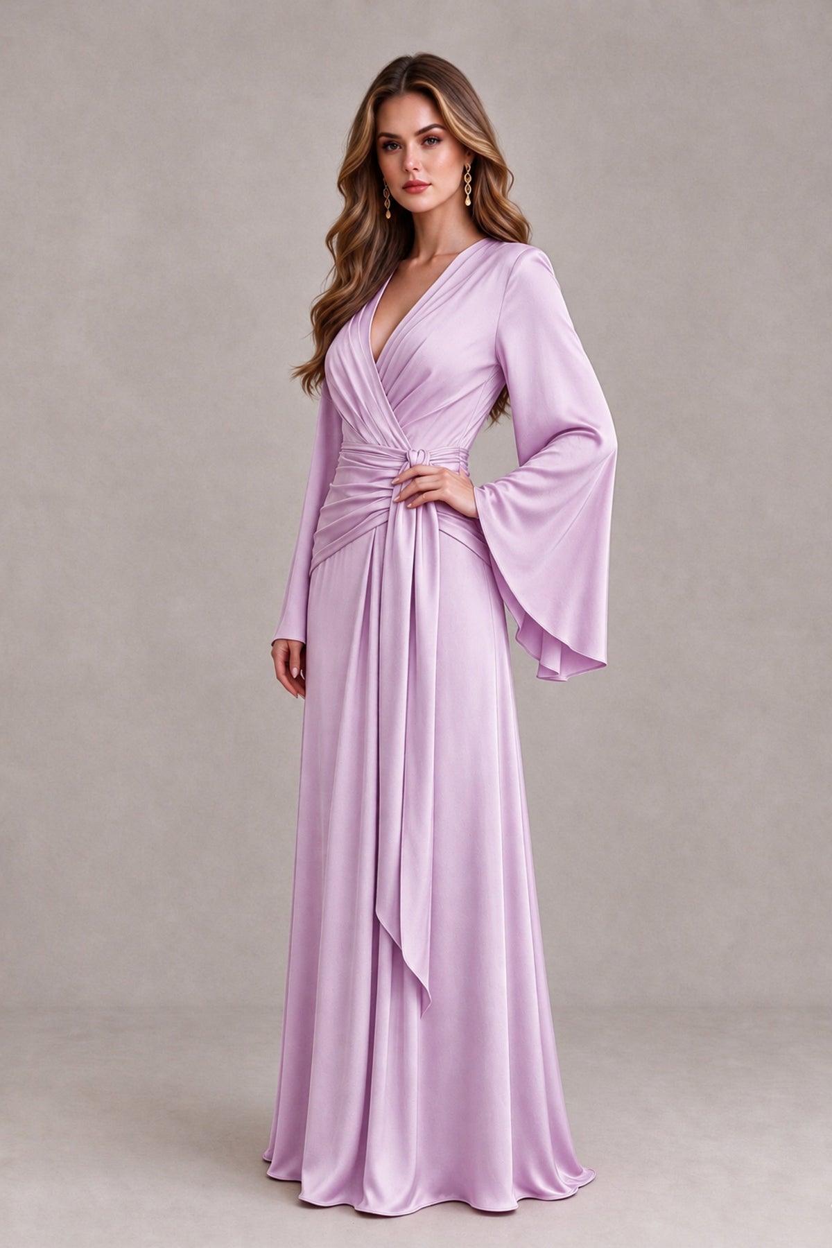 BOLODOO Lilac Yellow Satin-Look V-Neck Long Bell Sleeve Evening Dress - Lilac - Lilac_3