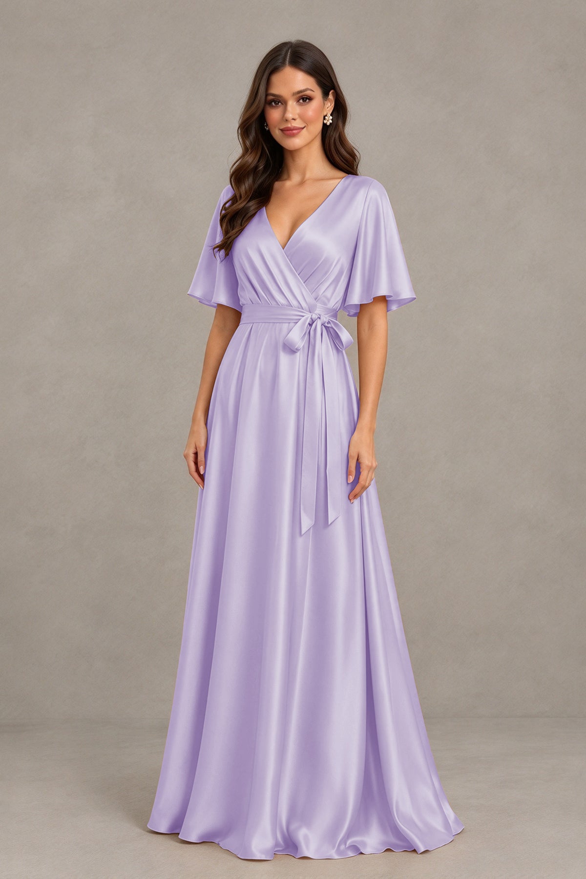 BOLODOO Lilac Satin V-Neck Flutter Sleeve Bridesmaid Dress with Slit - Lilac - Lilac(3)
