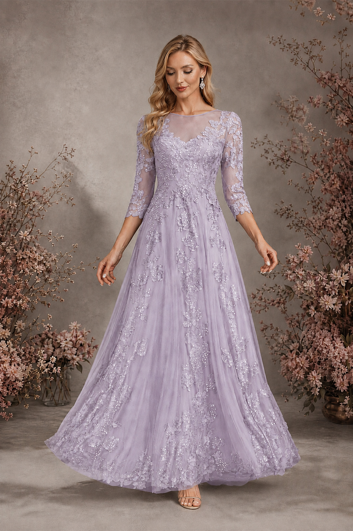 BOLODOO Lilac Sequin Lace 3/4 Sleeve Open Back Formal Evening Gown - Lilac