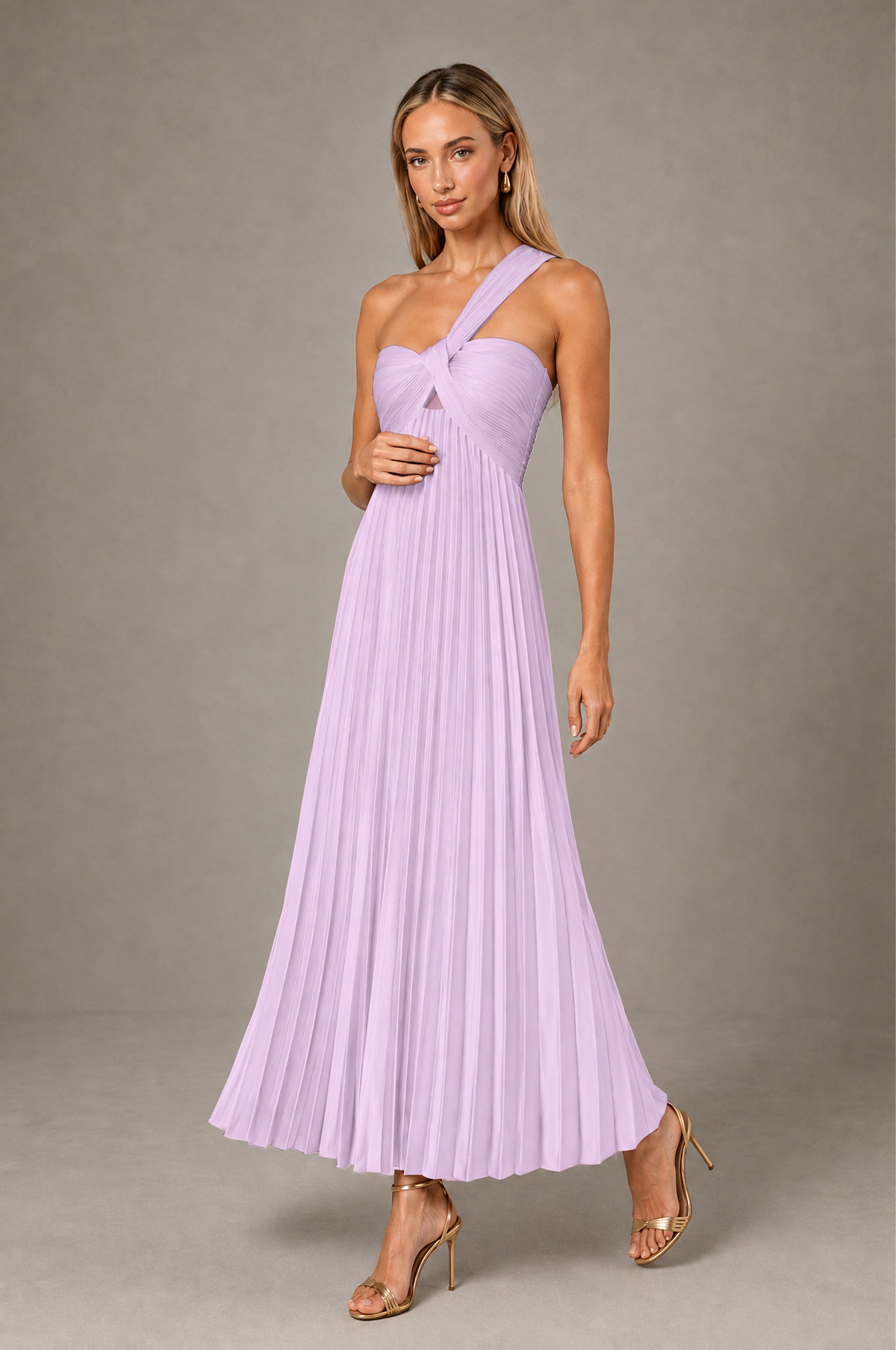 BOLODOO Lilac One-Shoulder Twist Knot Pleated Satin Midi Dress with Cutout - Lilac - Lilac_3