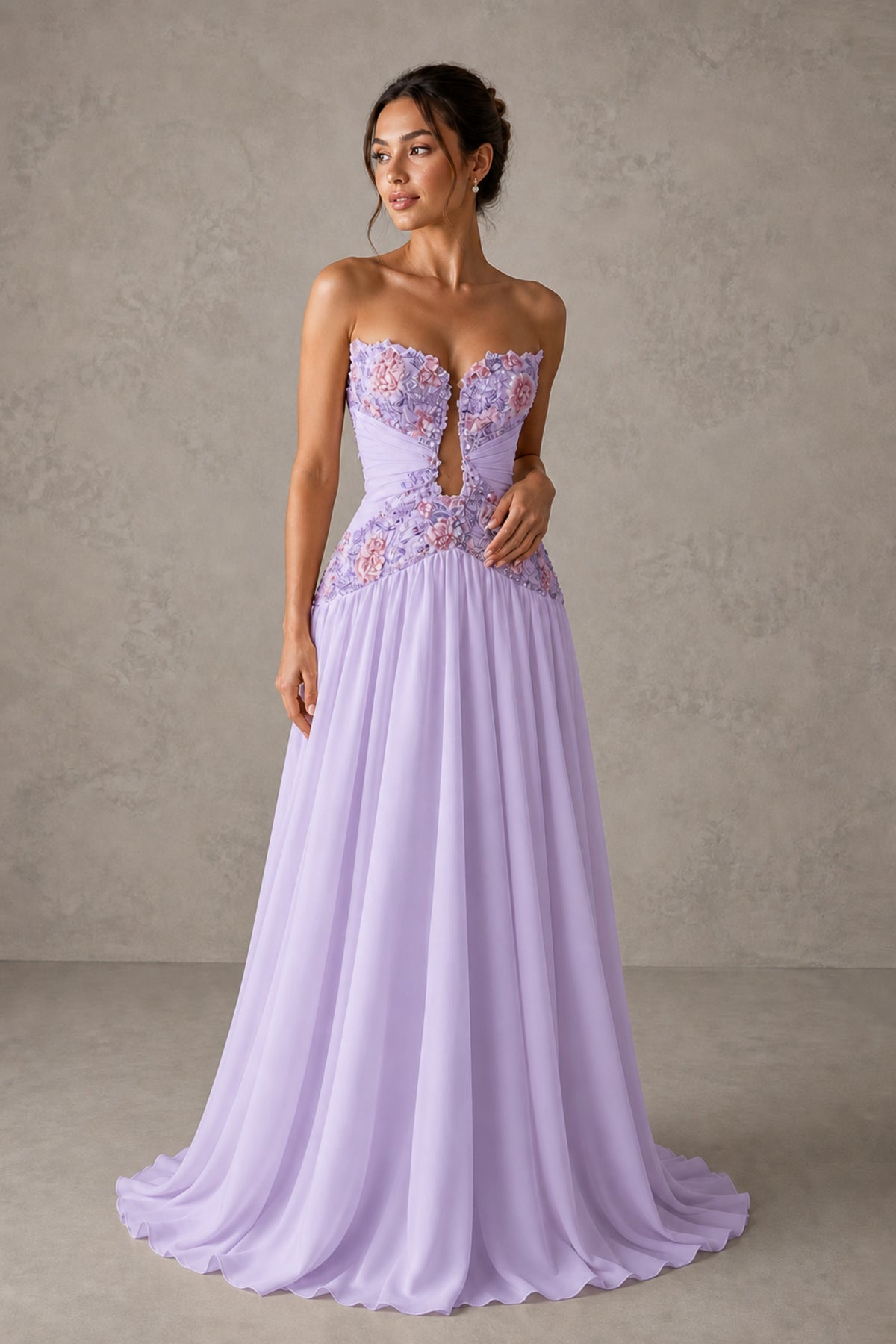 Lilac Strapless Sweetheart A-Line Chiffon Gown with 3D Floral Appliques & Cutout | BOLODOO - Lilac