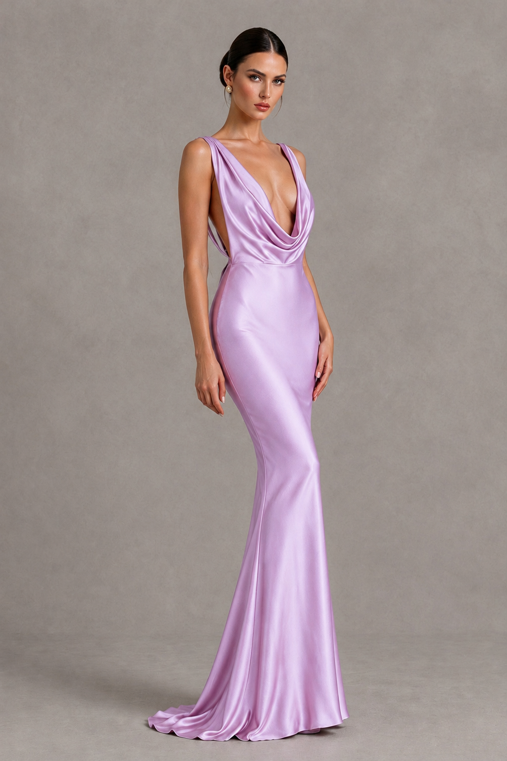 BOLODOO Lilac Cowl Neck Backless Satin Mermaid Evening Dress - Lilac - Lilac_3