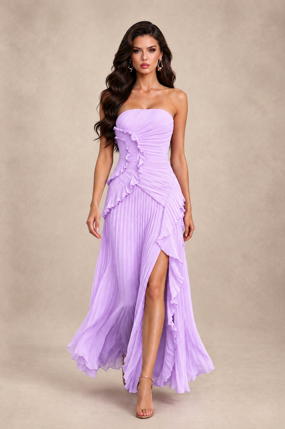 BOLODOO Lilac Strapless Ruffle Pleated Slit Evening Gown - Lilac - Lilac_3