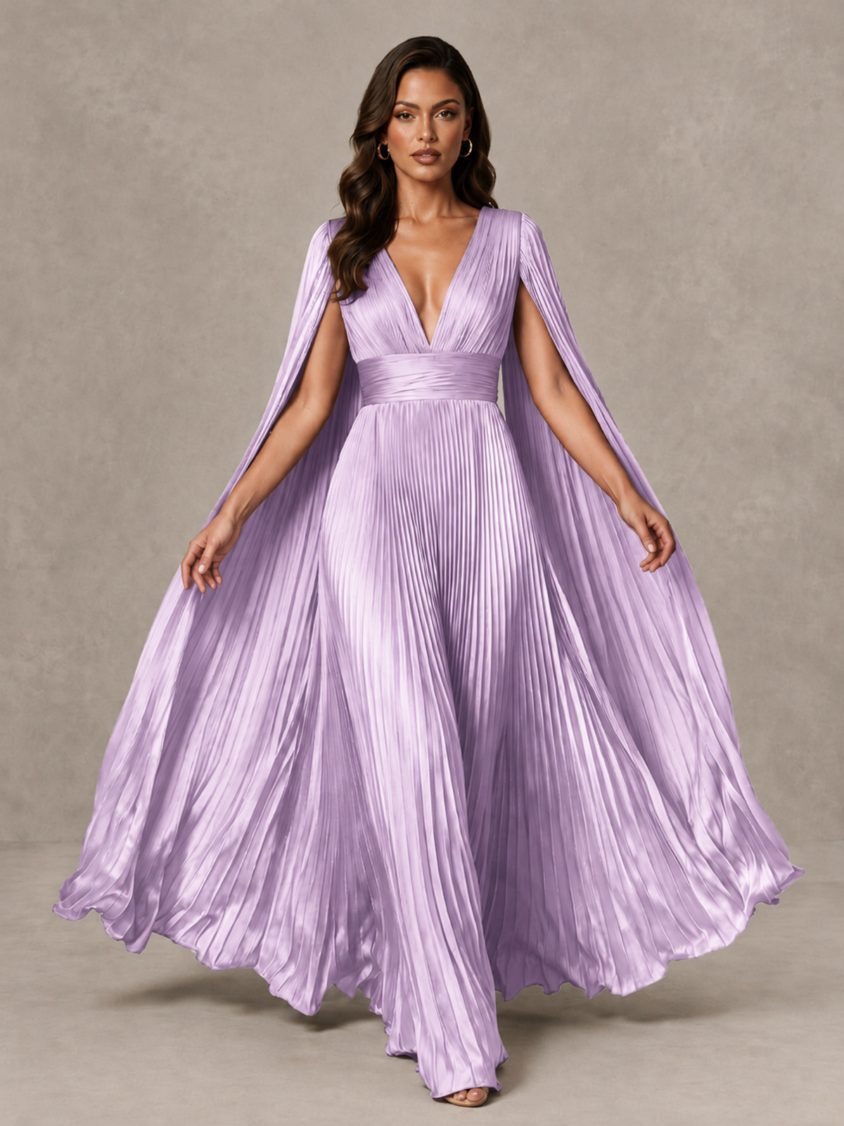 BOLODOO Lilac Deep V-Neck Pleated Cape Sleeve Evening Gown - Lilac - Lilac_3