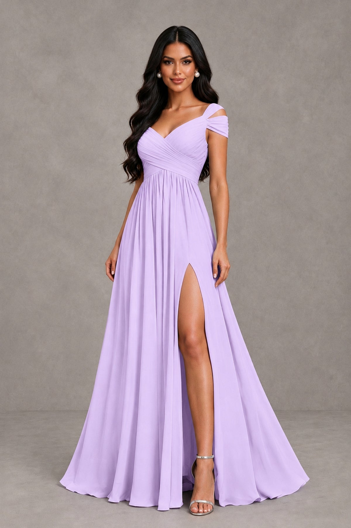BOLODOO Lilac Cold Shoulder Chiffon Evening Dress with V Neck and High Slit - Lilac - Lilac_3