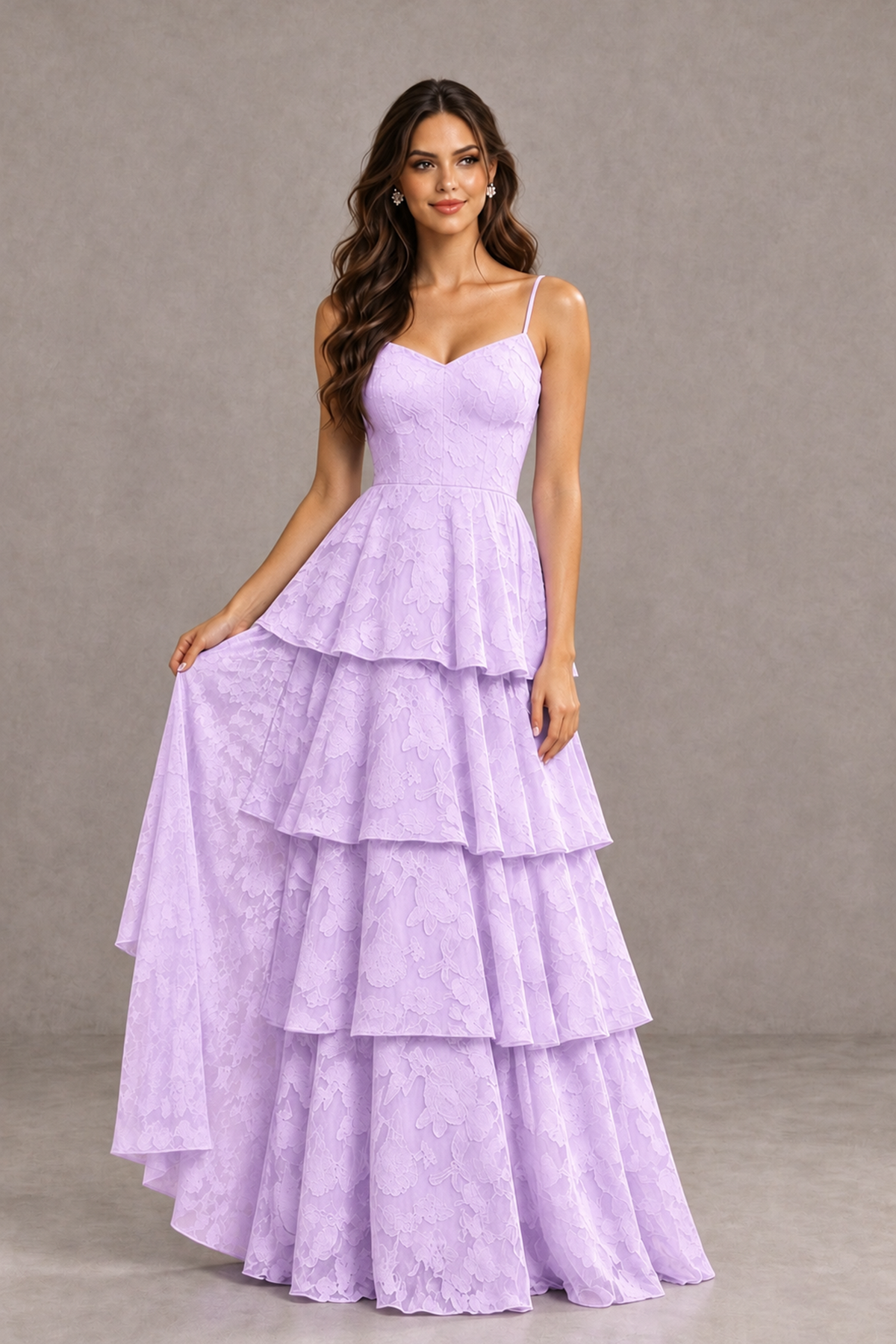 BOLODOO Lilac Tiered Floral-Textured Spaghetti Strap Maxi Dress - Lilac - Lilac_3