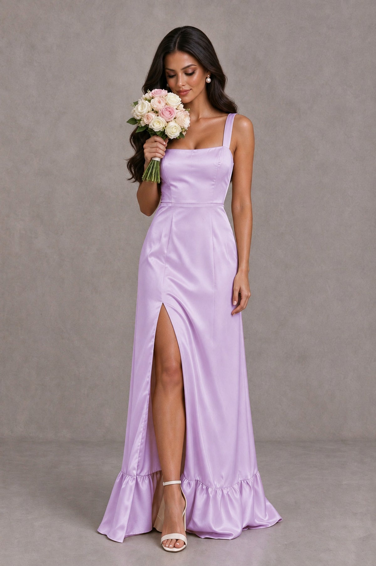 BOLODOO Lilac Square Neck Satin Evening Dress with Lace-Up Back and High Slit - Lilac - Lilac_3
