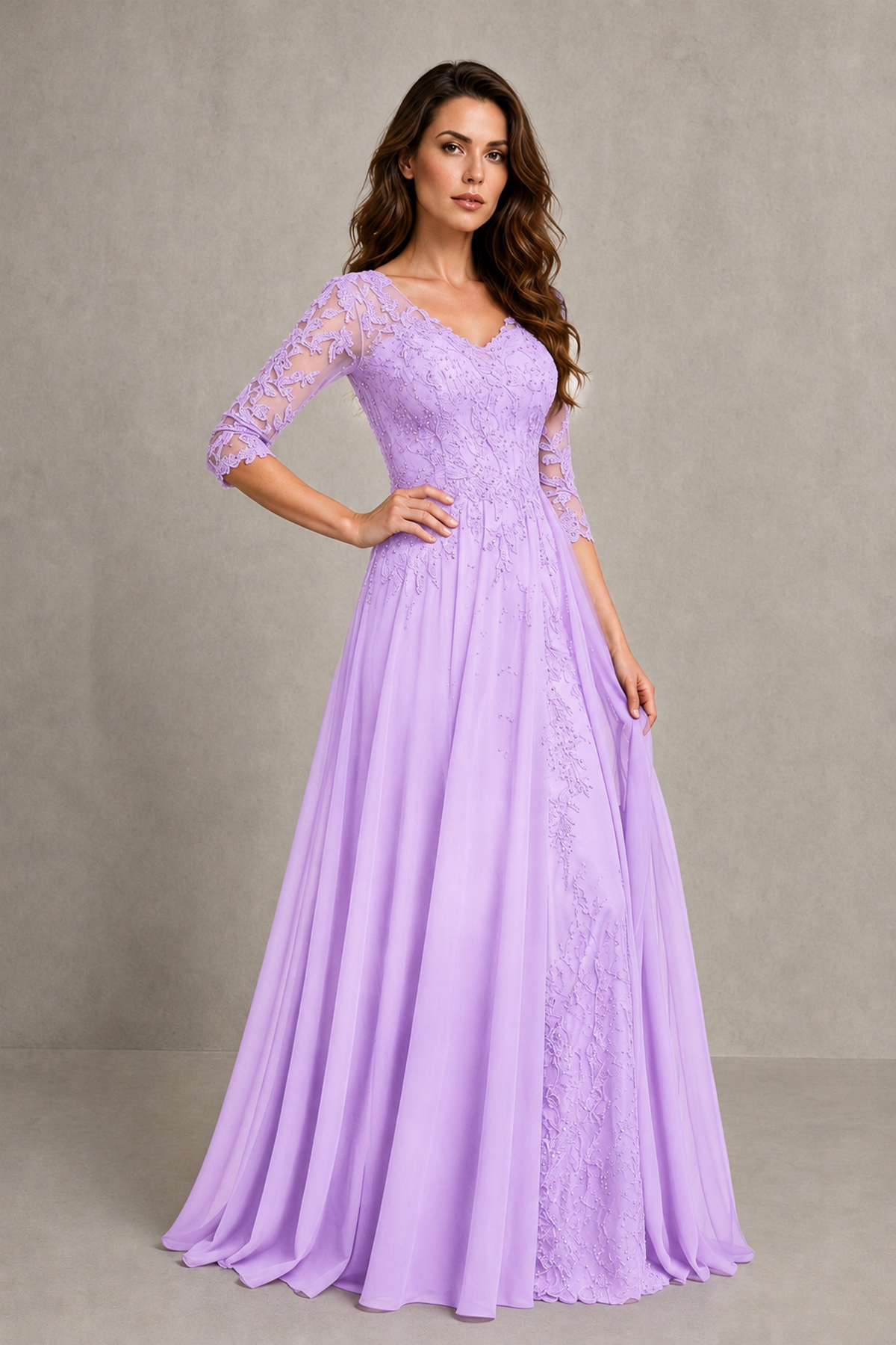 BOLODOO Midnight Lilac Beaded Lace Appliqué Chiffon A-Line Gown | Mother of the Bride & Formal Evening Dress - Lilac - Lilac_3