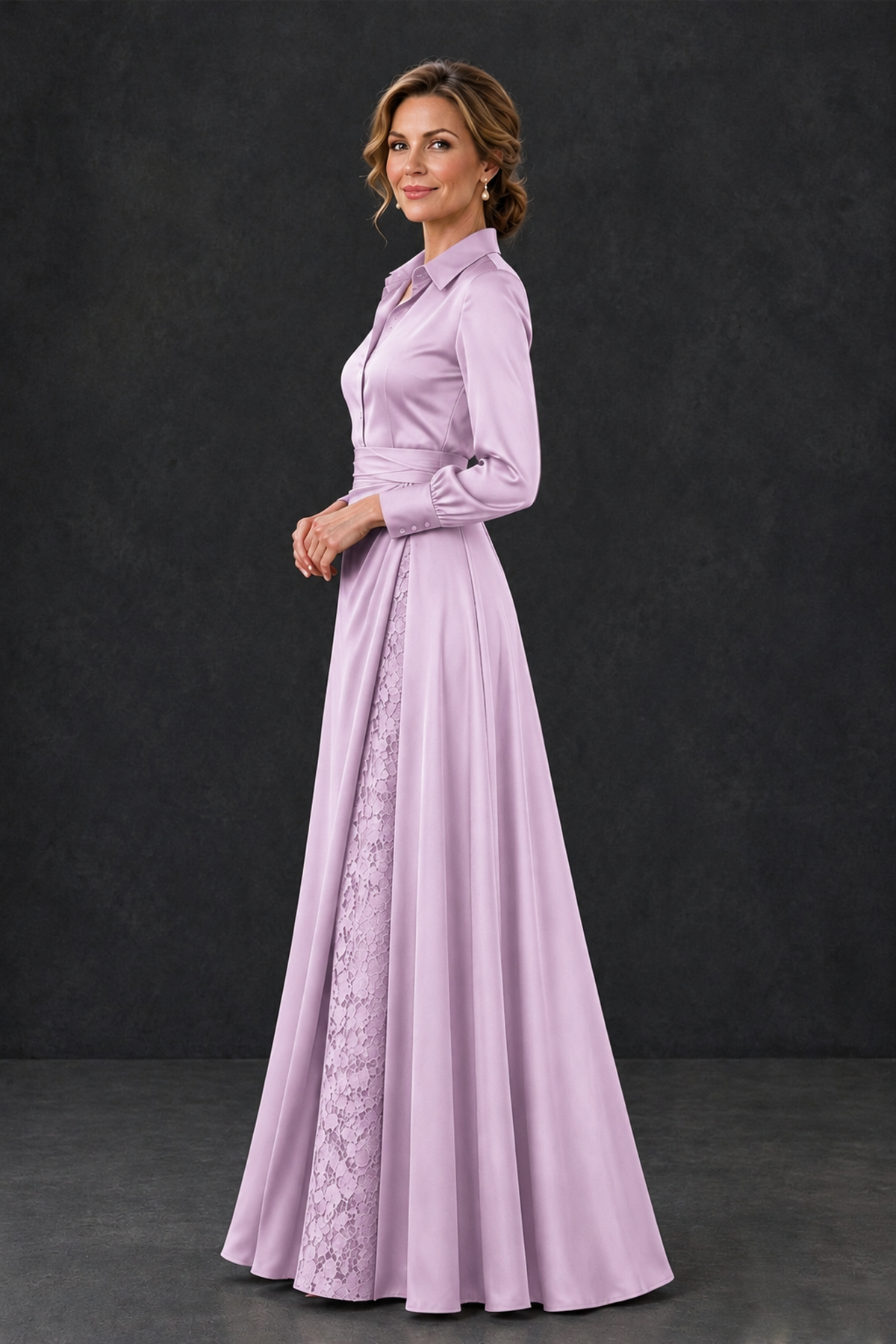 BOLODOO Lilac Long Sleeve Satin-Look Lace Panel Gown - Lilac - Lilac_3
