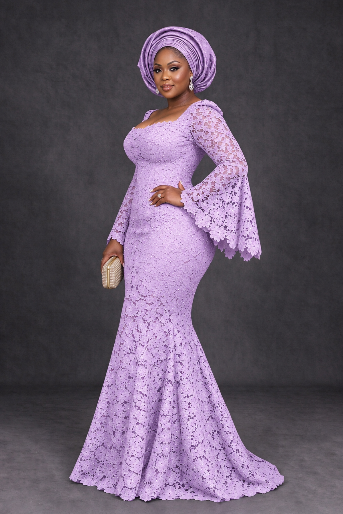 BOLODOO Lilac African Lace Mermaid Dress, Plus Size Nigerian Wedding Guest Gown with Bell Sleeves - Lilac - Lilac_3
