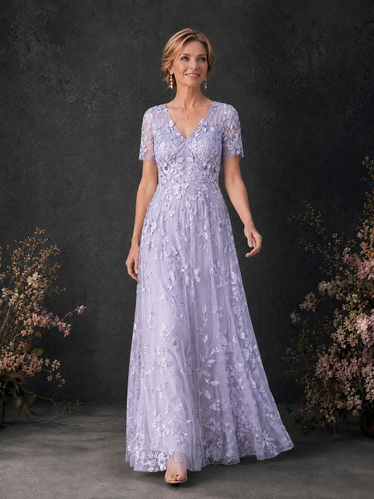 BOLODOO Lilac 3D Floral Embroidered Lace V-Neck Short Sleeve A-Line Maxi Dress - Lilac