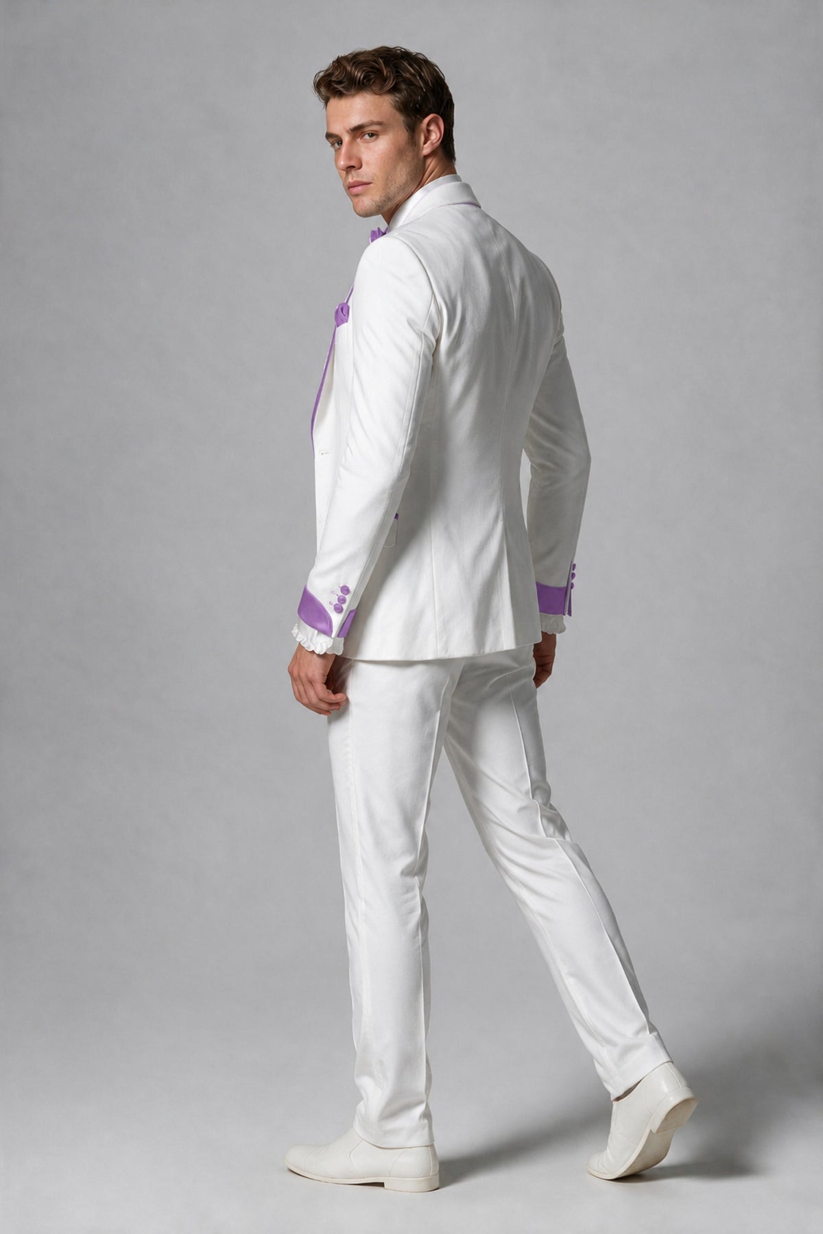Bolodoo Men's White and Lilac Three-Piece Wedding Tuxedo Suit - Lilac - Lilac_3