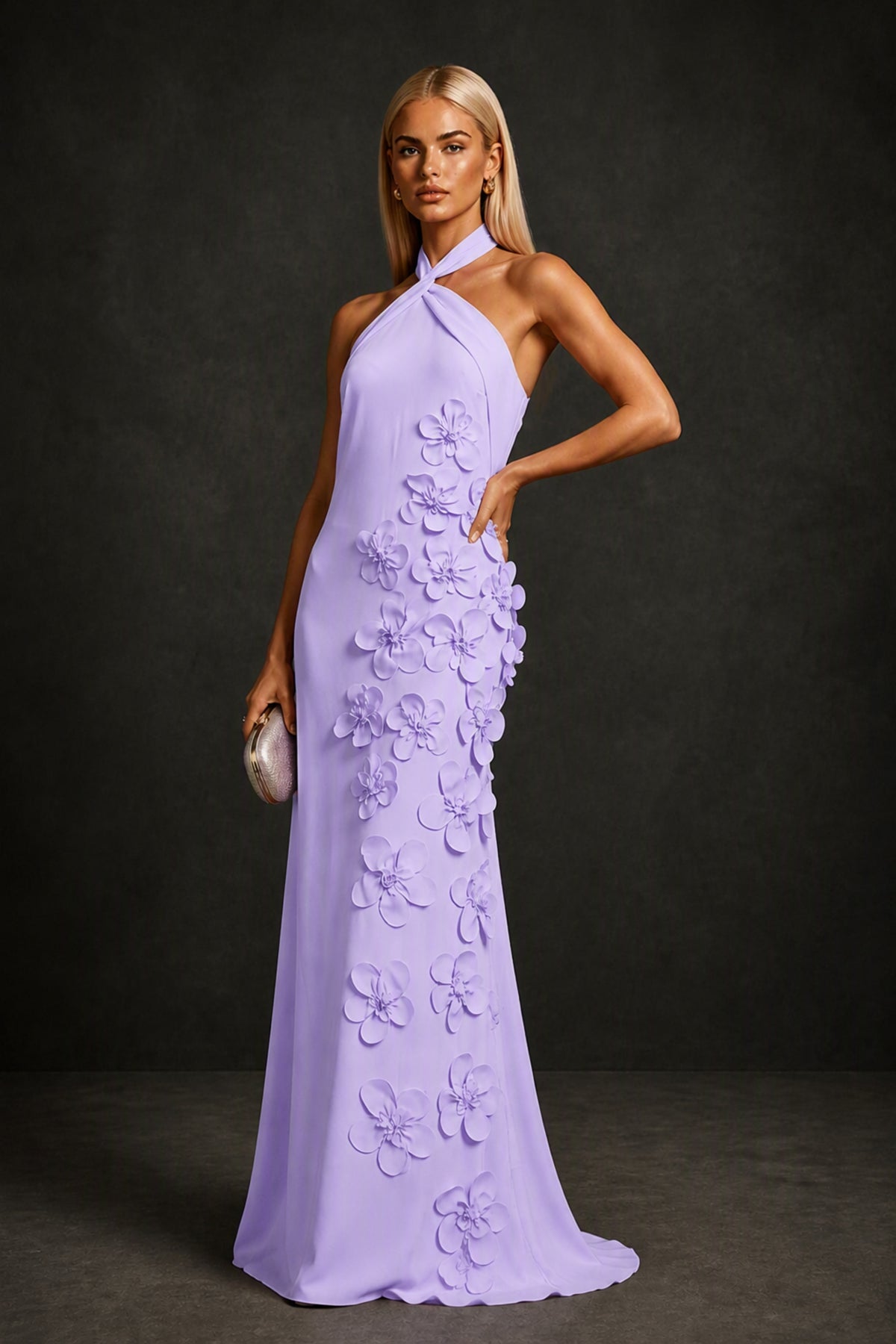 BOLODOO Lilac Cross Halter Neck 3D Floral Appliqué Backless Mermaid Maxi Gown - Lilac