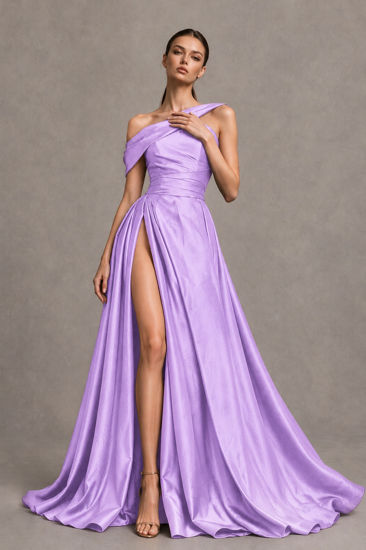 BOLODOO Lilac Asymmetric Satin-Look A-Line Prom Dress with High Slit - Lilac - Lilac_3