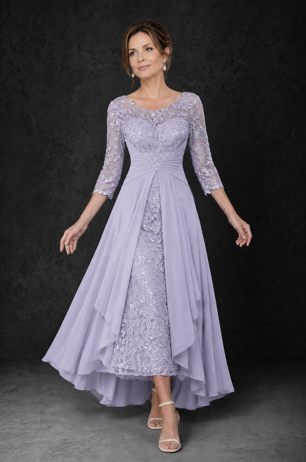 BOLODOO Lilac Sequin Lace & Chiffon Tea-Length Mother of the Bride Dress with 3/4 Sleeves - Lilac