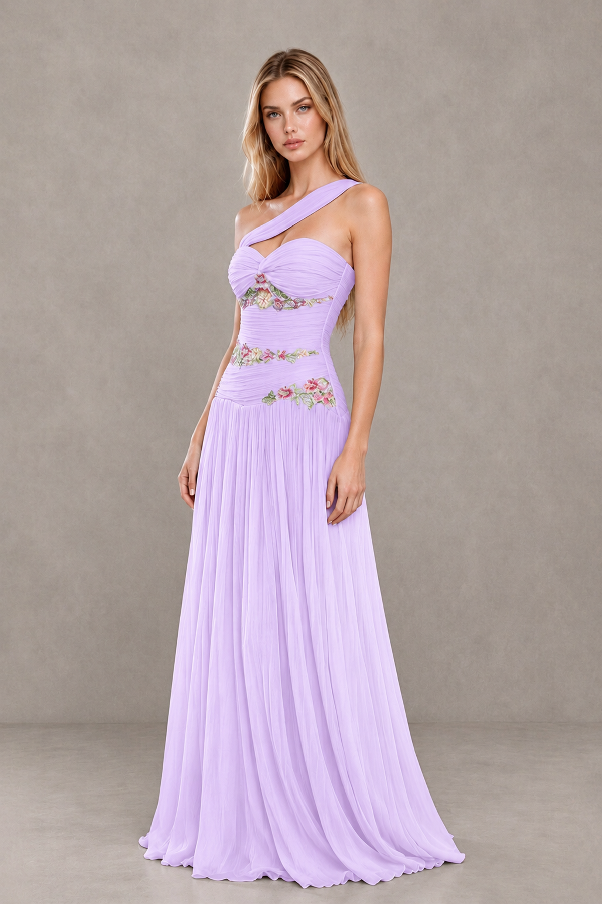 BOLODOO Lilac One-Shoulder Floral Applique A-Line Evening Dress - Lilac - Lilac_3