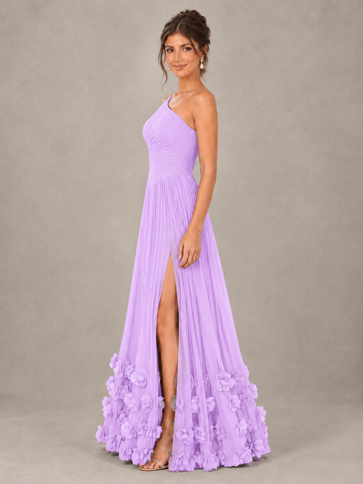 BOLODOO Lilac One-Shoulder Pleated Bridesmaid Dress with 3D Floral Hem - Lilac - Lilac_3
