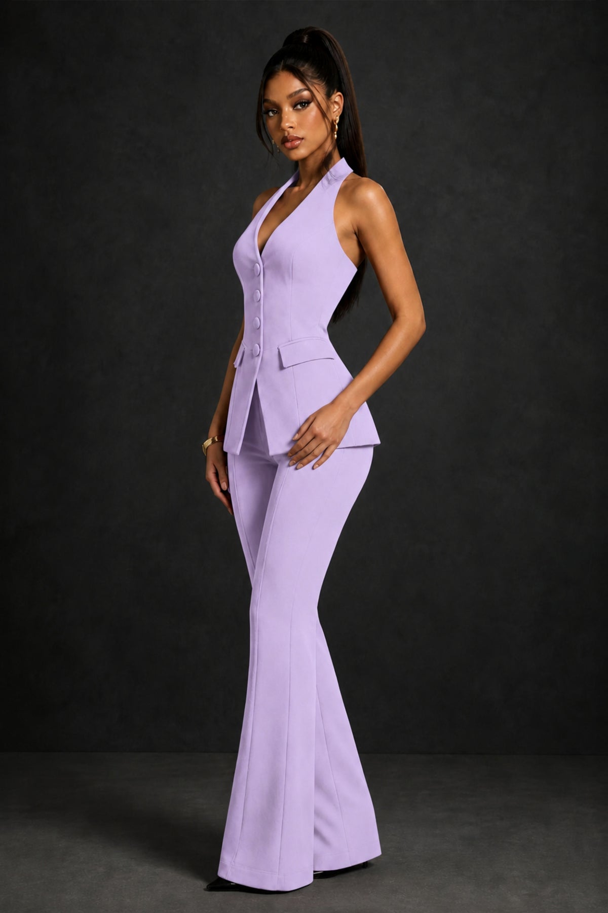 BOLODOO Lilac Halter Neck Deep V Open Back– Formal Suit with Wide-Leg Pants - Lilac