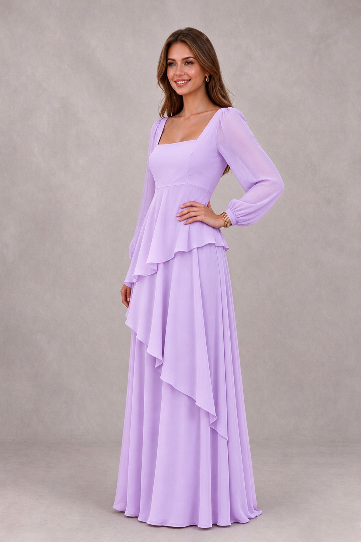 BOLODOO Lilac Long Sleeve Ruffle Bridesmaid Dresses - Lilac - Lilac_3