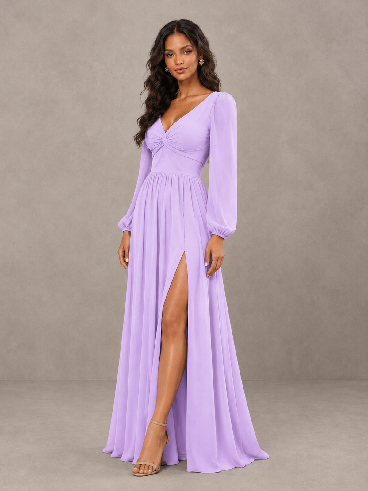 BOLODOO Lilac V-Neck Long Sleeve Bridesmaid Dress with Tie Back and Slit - Lilac - Lilac_3