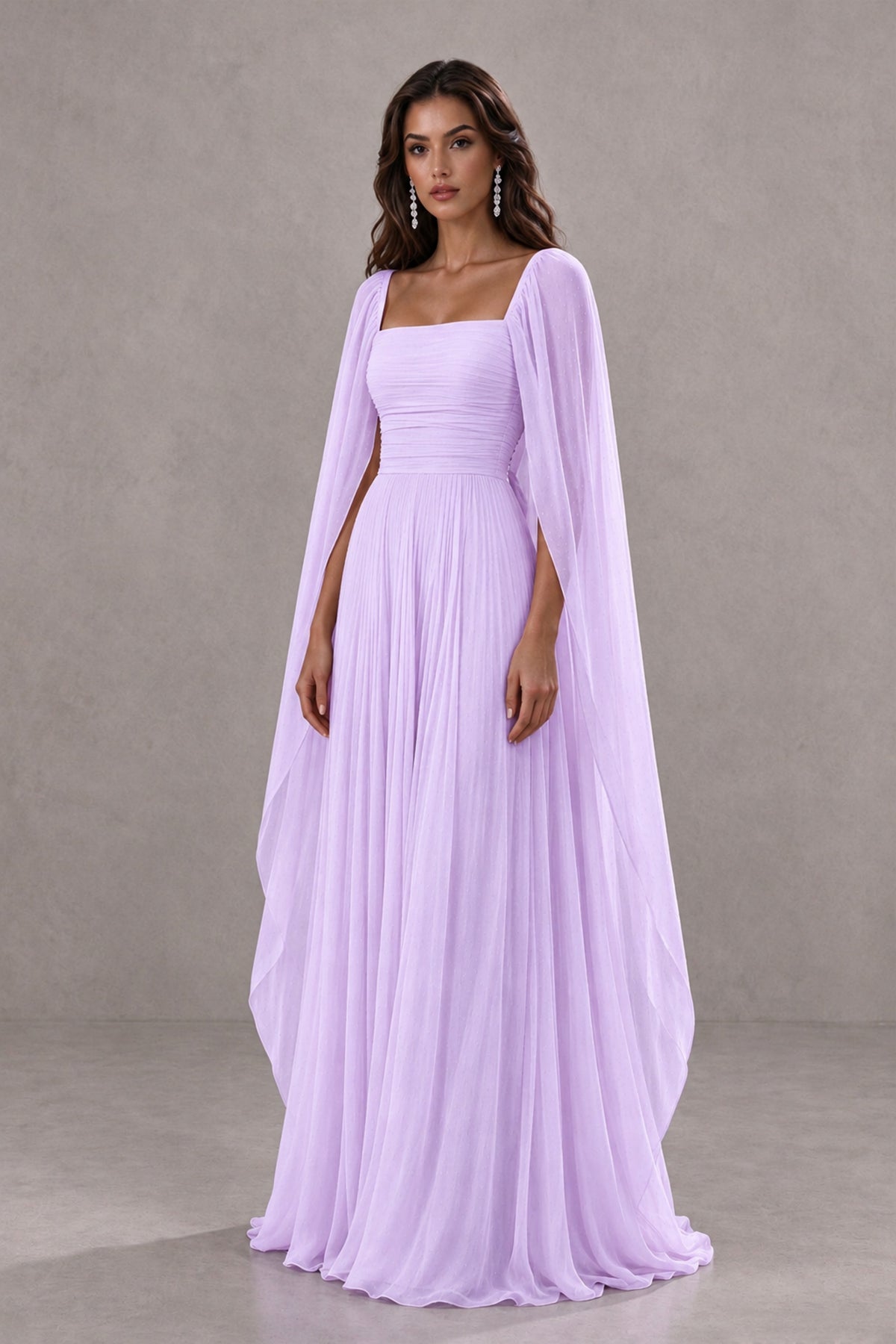 BOLODOO Lilac Square Neck Cape Sleeve A-Line Evening Dress - Lilac - Lilac_3