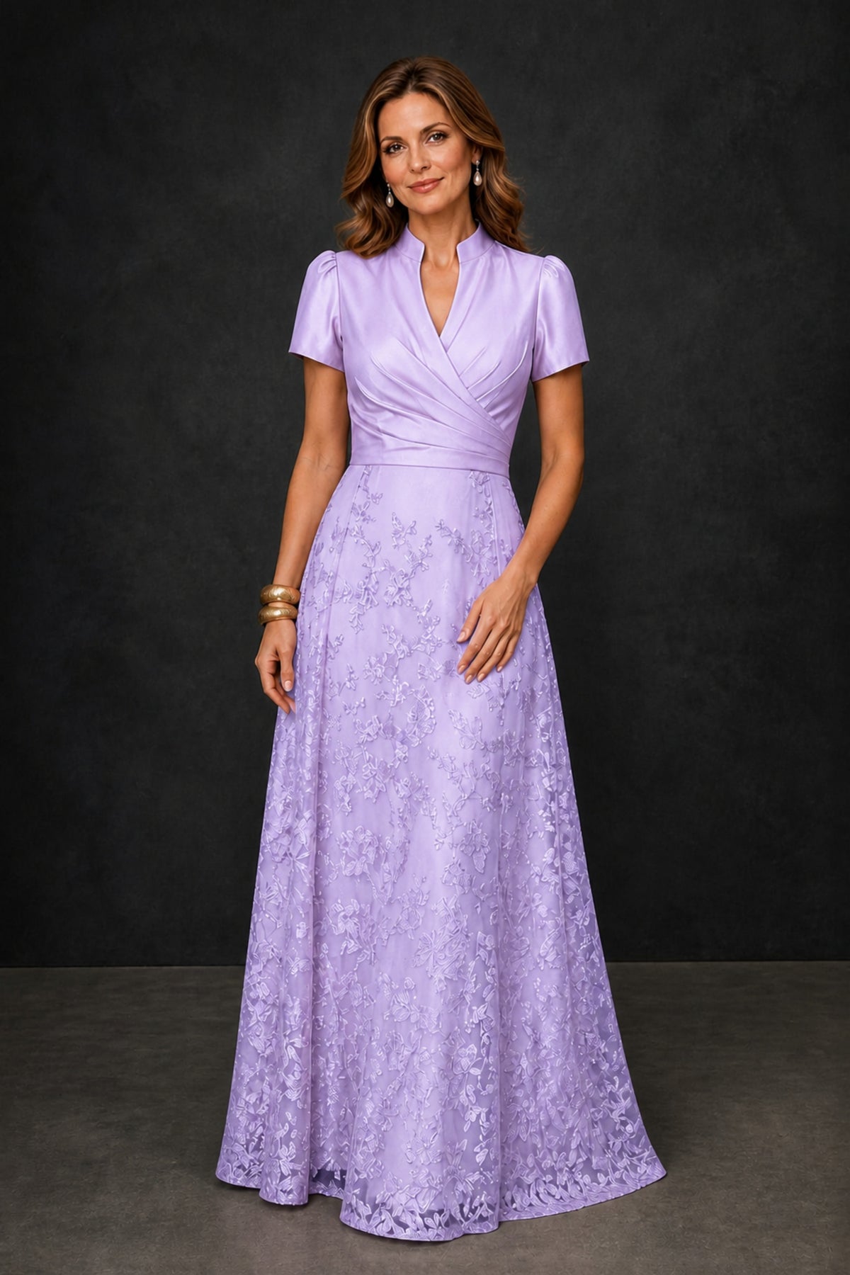 BOLODOO Lilac Satin Wrap V-Neck Short Sleeve Lace Glitter A-Line Floor Length Evening Gown – Formal Dress - Lilac