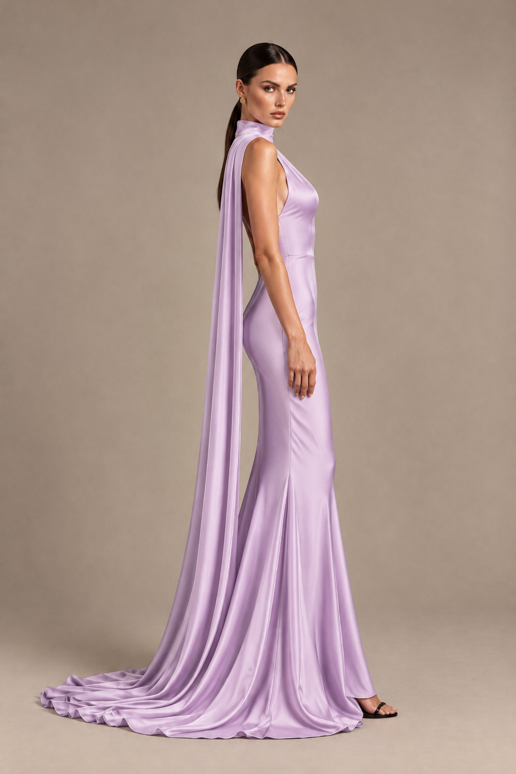 BOLODOO Lilac One-Shoulder Satin Mermaid Evening Dress with Scarf - Lilac - Lilac_3