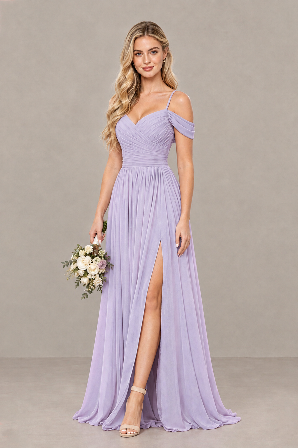 BOLODOO Lilac Off-Shoulder Bridesmaid Dress with Slit - Lilac