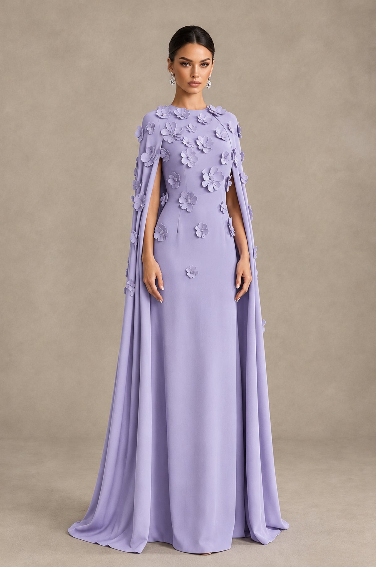 BOLODOO Lilac 3D Floral Applique Cape Formal Dress - Lilac - Lilac_3