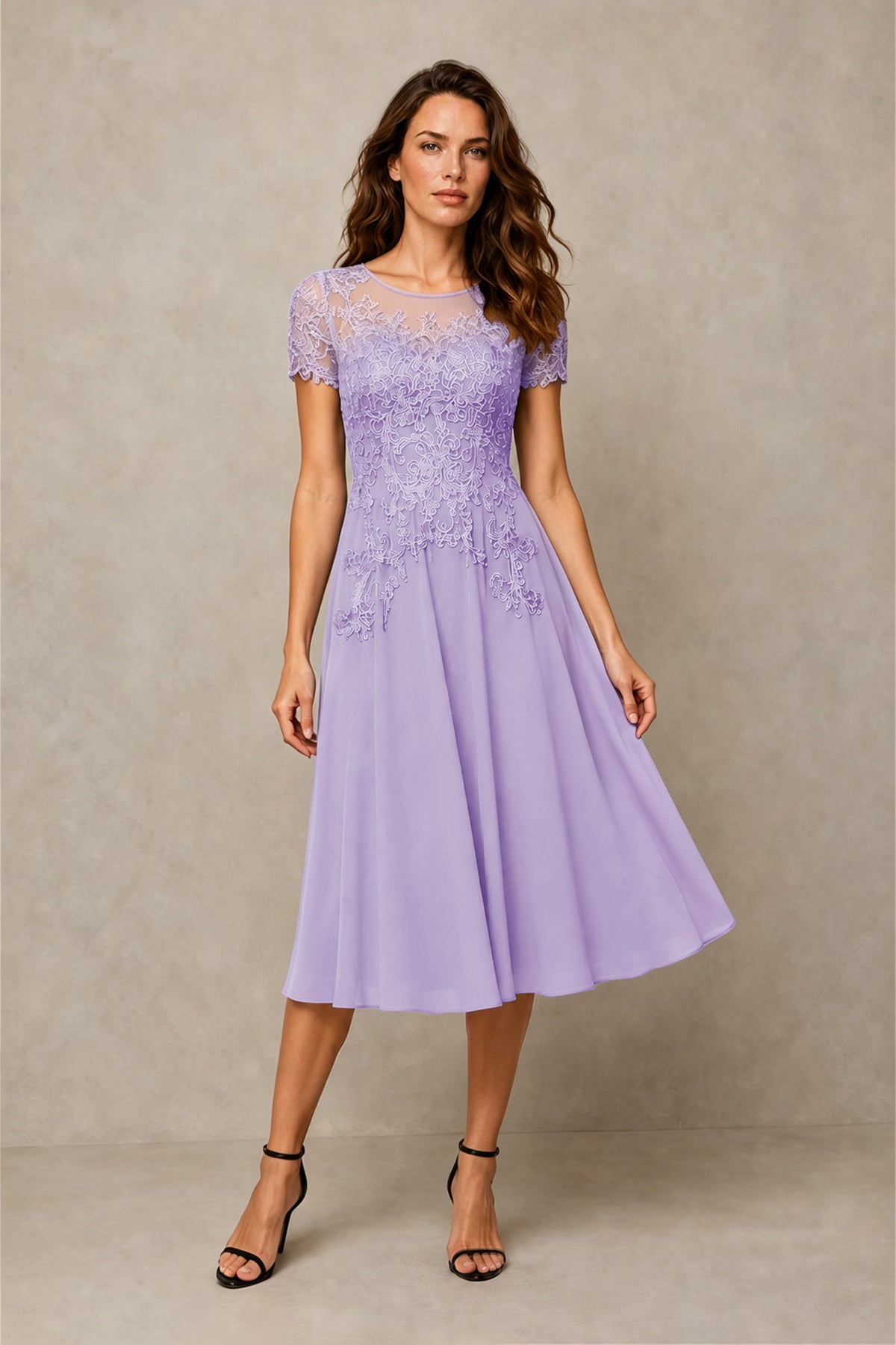 BOLODOO Steel Lilac Beaded Lace Illusion Bodice Chiffon Tea-Length Dress | Mother of the Bride & Cocktail Party - Lilac