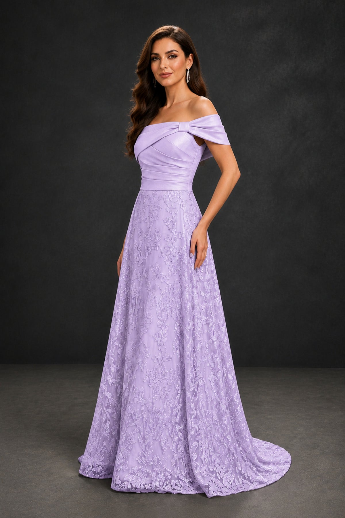 BOLODOO Lilac Lace Glitter Off Shoulder Cap Sleeve A-Line Ball Gown with Train – Formal Evening Dress - Lilac