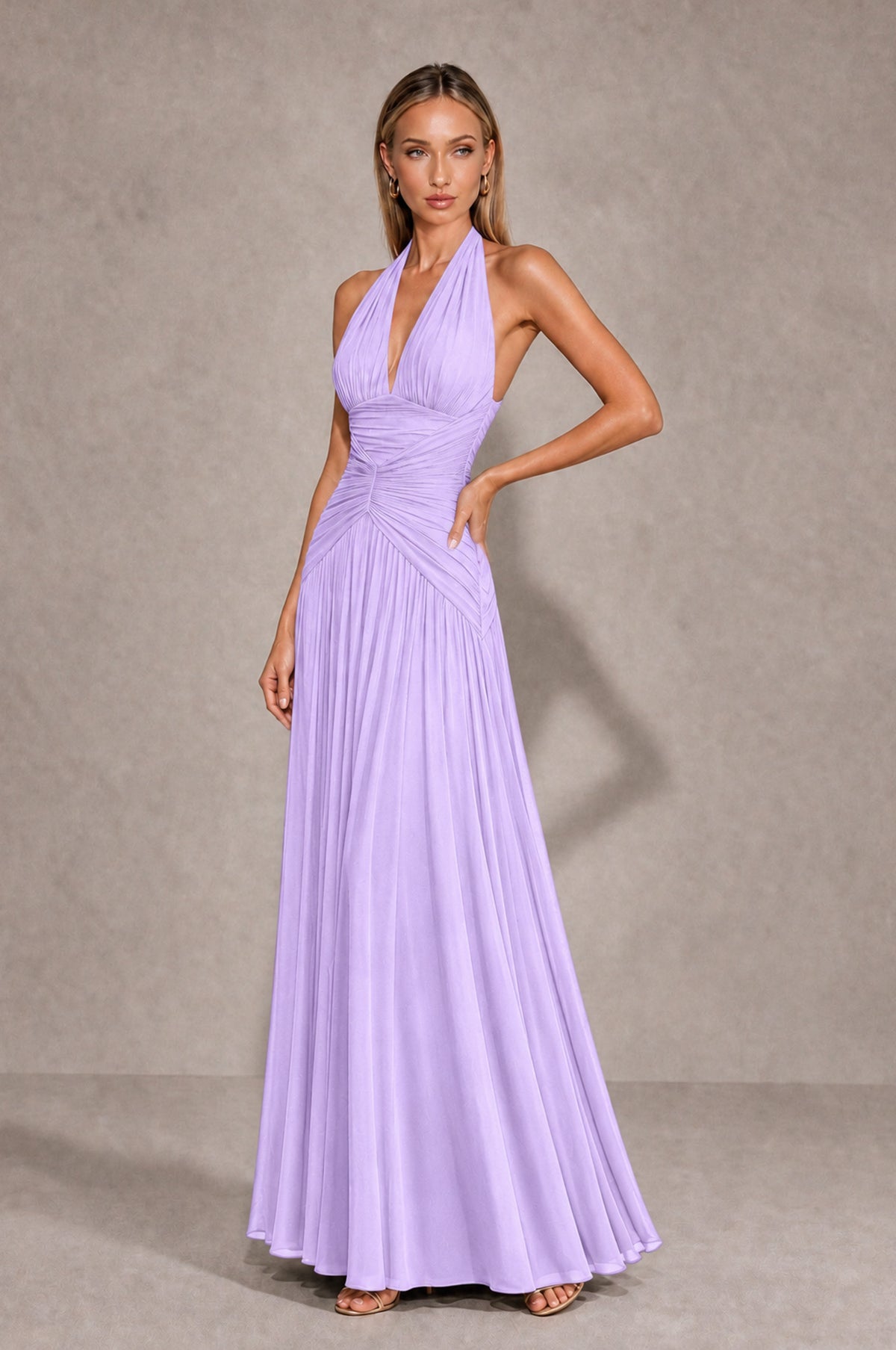 BOLODOO Lilac Chiffon Halter Deep V-Neck Ruched A-Line Backless Maxi Dress with Train-BD0167 - Lilac - Lilac_3