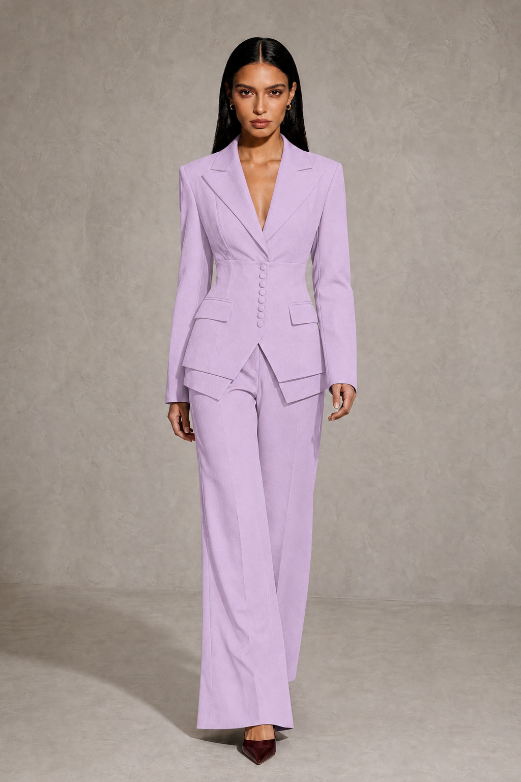 BOLODOO Lilac Cinched Waist Blazer and Wide Leg Pants Two Piece Suit Set - Lilac