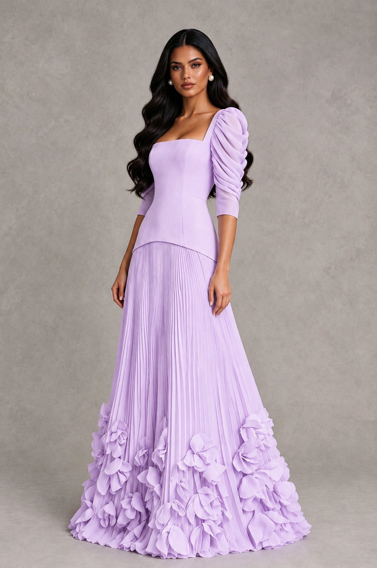 BOLODOO Lilac Square Neck Pleated Floral Applique Evening Dress - Lilac - Lilac_3