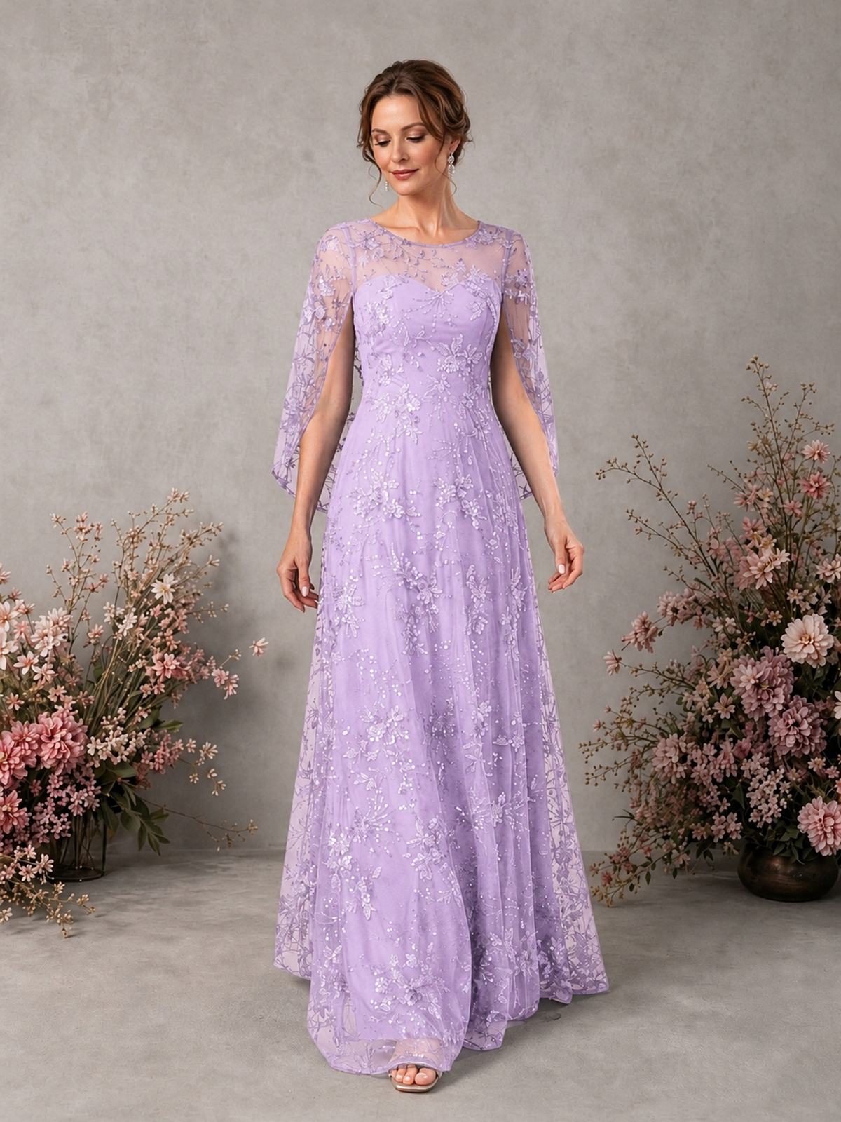 BOLODOO Lilac Sequin Lace Cape Sleeve Formal Evening Gown - Lilac - Lilac_3