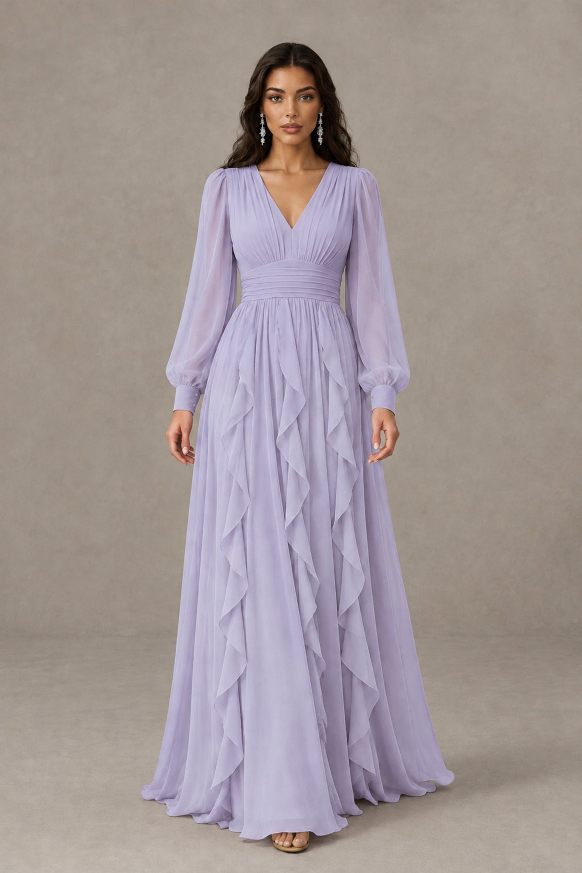 BOLODOO Lilac Long Sleeve V-Neck Ruffle Maxi Dress - Lilac