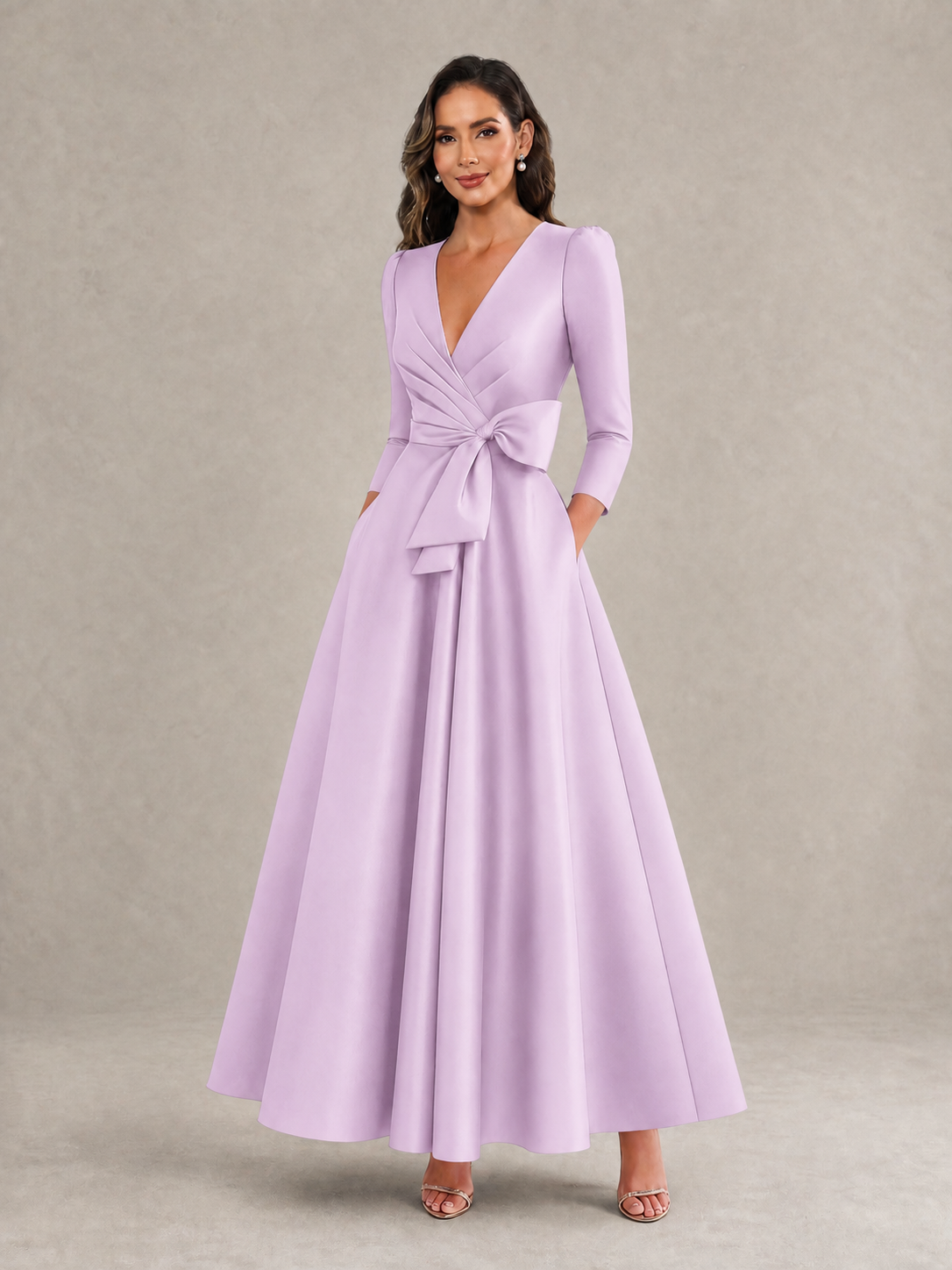 BOLODOO Lilac Satin Deep V-Neck Wrap 3/4 Puff Sleeve A-Line Ball Gown Maxi Dress with Oversized Bow Belt - Lilac