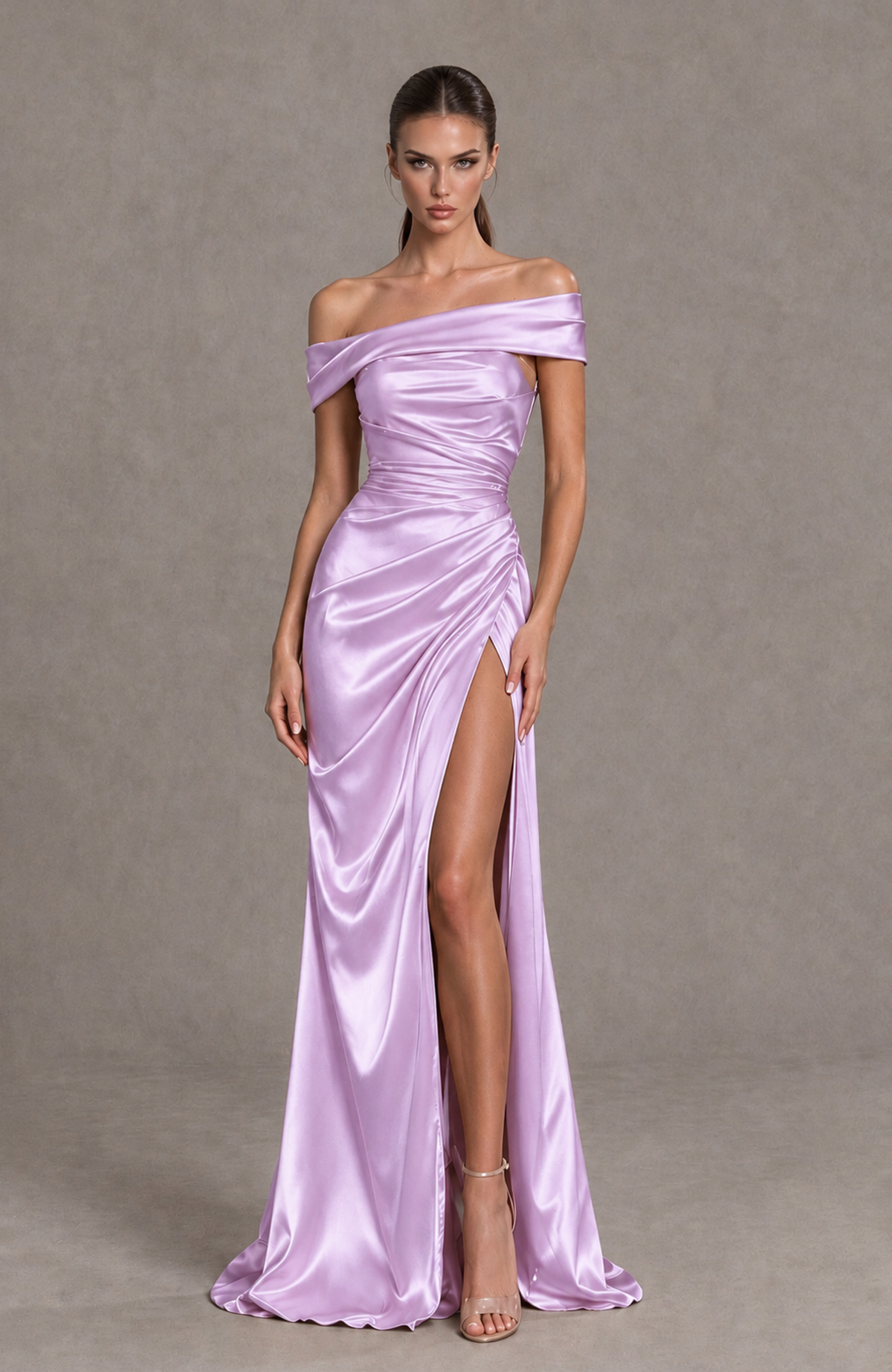 BOLODOO Lilac Off-the-Shoulder Ruched Satin Prom & Evening Dress with High Slit - Lilac - Lilac_3