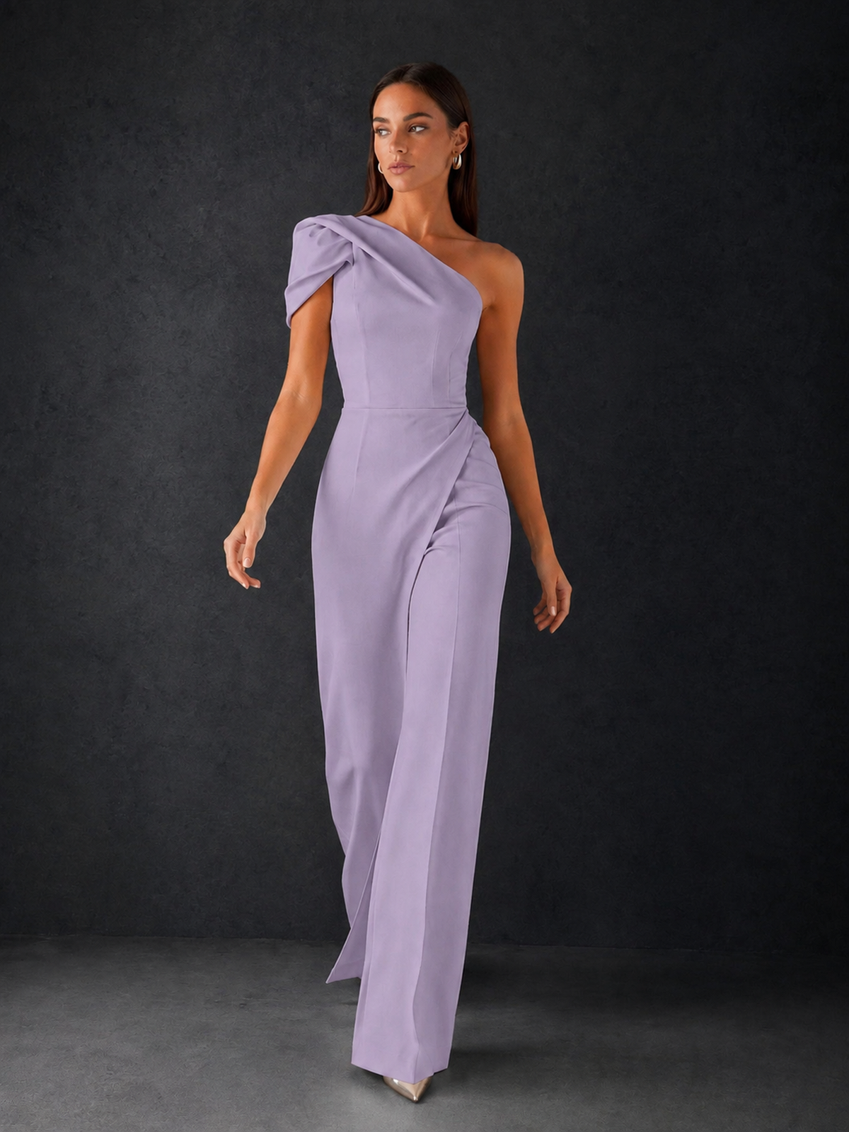 BOLODOO Lilac One-Shoulder Puff Sleeve Wide-Leg Jumpsuit with Front Slit and Open Back - Lilac