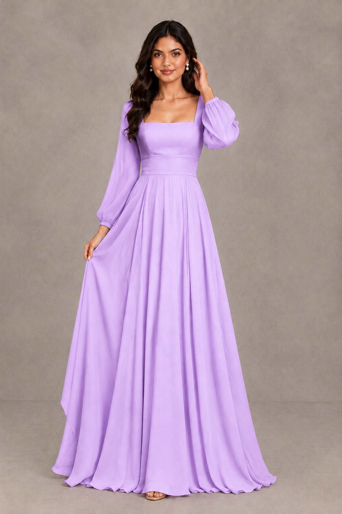 BOLODOO Lilac Square Neck Long Sleeve A-Line Bridesmaid Dress - Lilac - Lilac_3