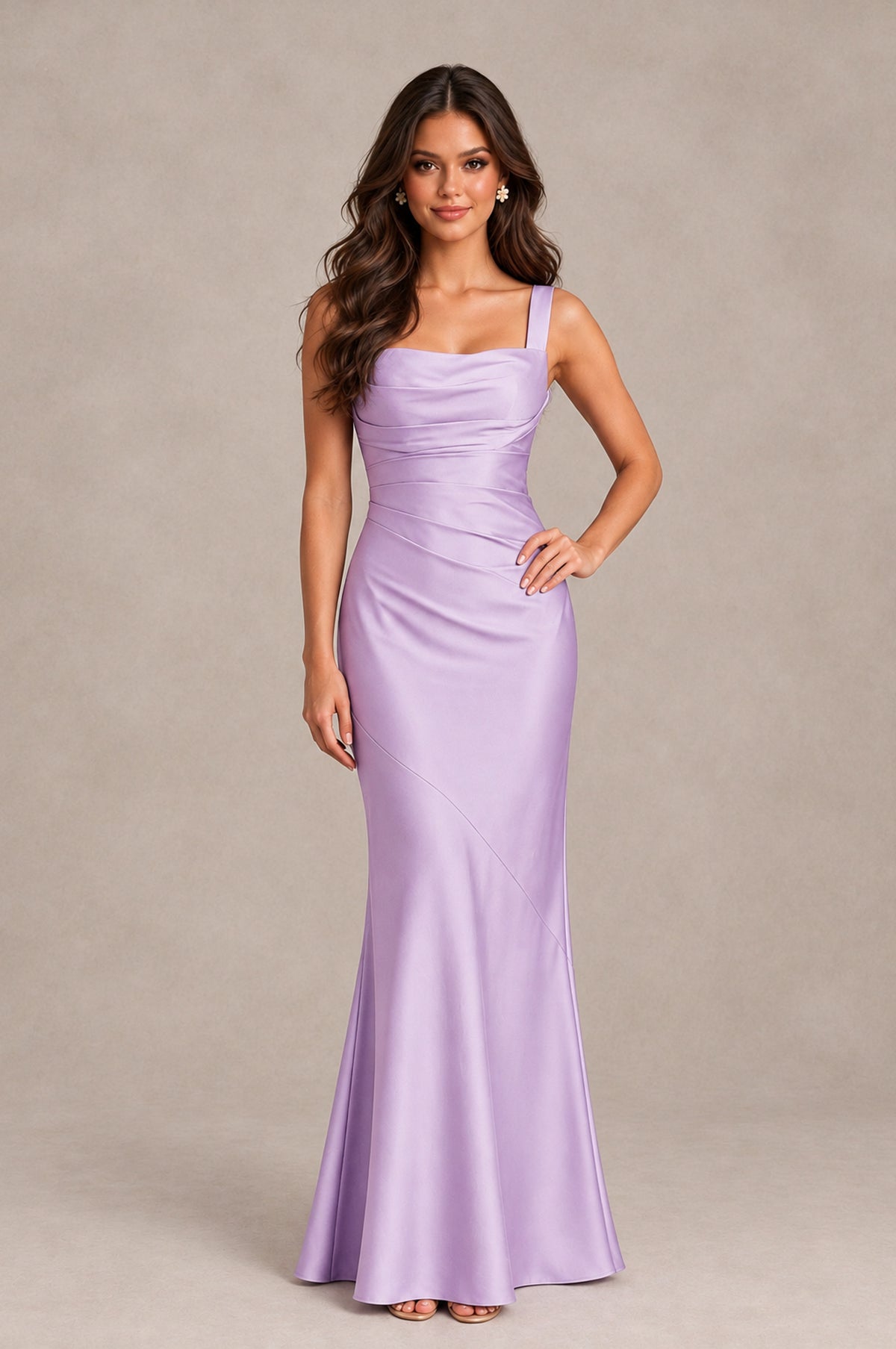 BOLODOO Lilac Square Neck Ruched Satin Lace-Up Bridesmaid Dress - Lilac - Lilac_3